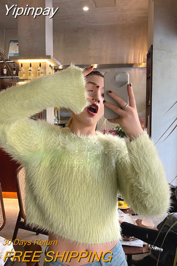 Yipinpay Crop Tops Woman Casual Knitted Sweater 2023 Autumn Long Sleeve Pure Color Pullover Elegant Korean Fashion Clothing Female